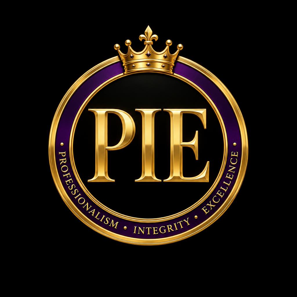 P.I.E. emblem — Professionalism, Integrity, Excellence beneath a gold crown