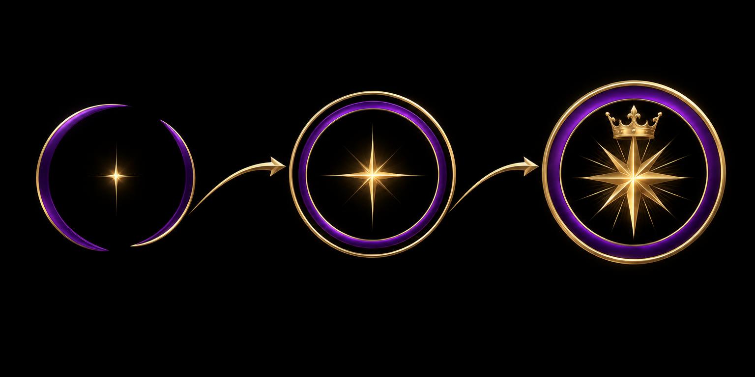 Talent evolving through three stages: a spark of potential, a growing star, and a radiant crowned star, connected by gold arrows within purple and gold rings.